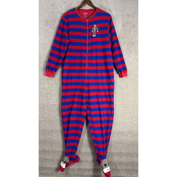 Nick & Nora Sock Monkey One‎ Piece Size Medium Blue/Red Striped Footed Sleepwear - Picture 1 of 8